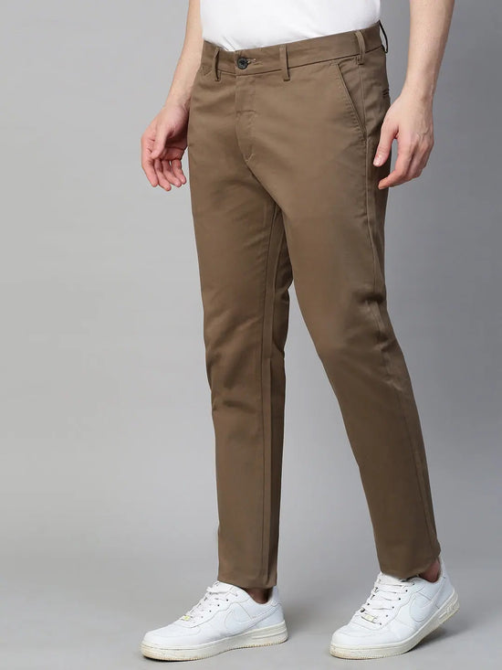 Genips Men's Beige Brown Stretch Caribbean Slim Fit Solid Trousers