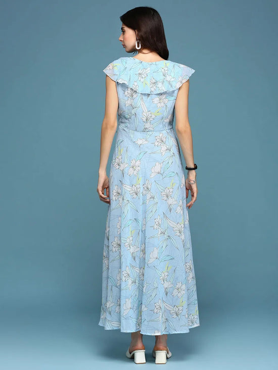 Women's Blue Printed Maxi Dress-DW-9219-Blue