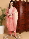 Ahika Women Peach Viscose Rayon Printed Straight Kurta Pant Set With Dupatta