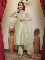 Avanshee Women's Latest Embroidred Chanderi Kurta, Pant With Dupatta Set-ES-7538-Pista Green