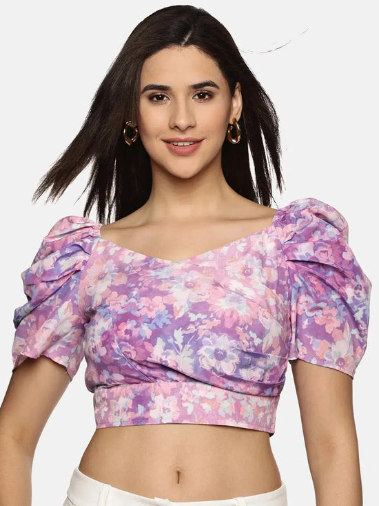 Floral Purple Wrap Crop Top-17343