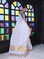 White Checkbox Designs Soft Linen Saree With Zari Borders-MA62LN33990026