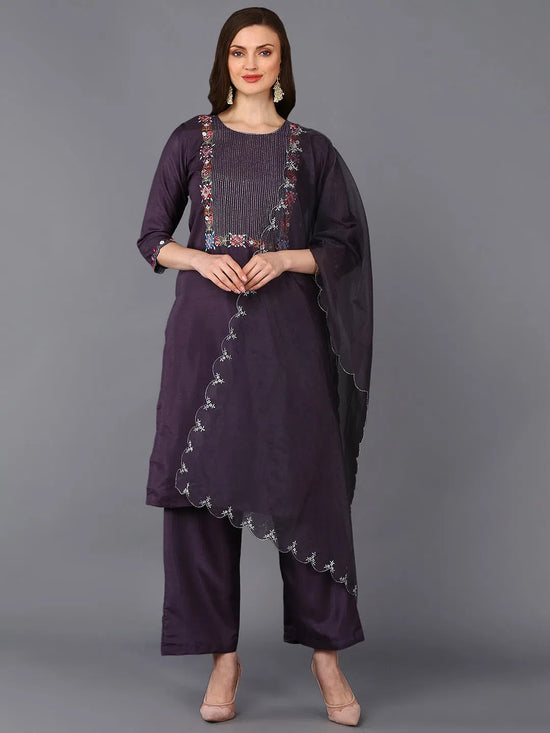 Poly Silk Charcoal Embroidered Straight Kurta Pant