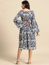 Midi Dress with bell sleeve in Blue Ikkat Print