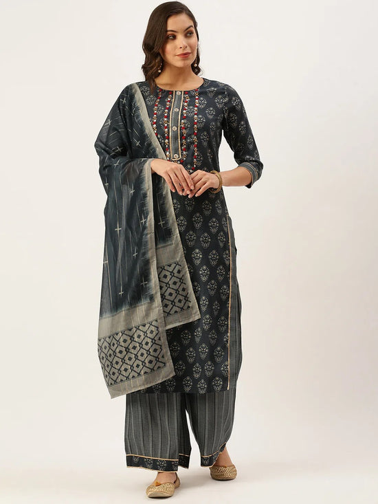 Women's Blue Printed Kurta Sets-GW-1426-Navyblue