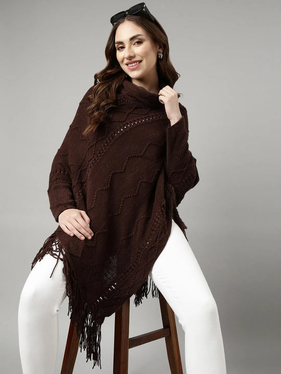 Women Chevron Brown Longline Poncho-CHN-9962-Brown