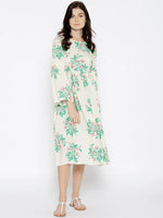 Foral Print Midi Dress with bell sleeve in Off White