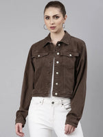 Women Coffee Brown Solid Denim Jacket-IM-10714-Coffeebrown