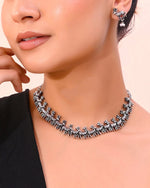 Rhodium-Plated Deer Oxidized Contemporary Choker With Earrings Set-VOJ359