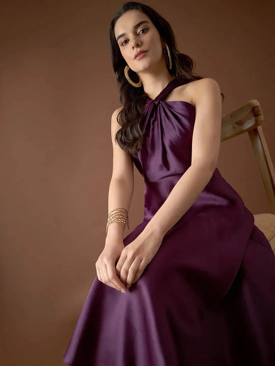 Draped neck midi dress in Purple Color