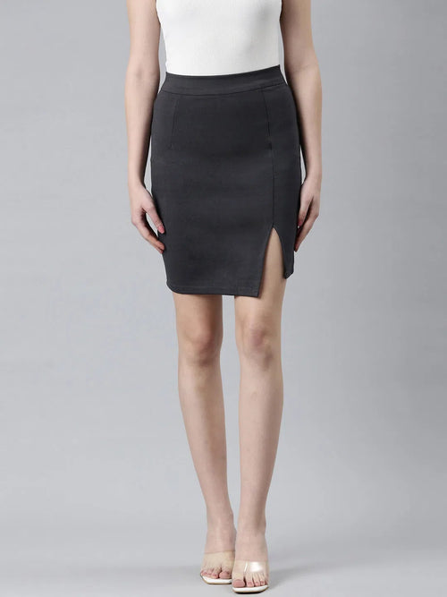 Women Grey Solid Pencil Skirt-AE-10611-Grey