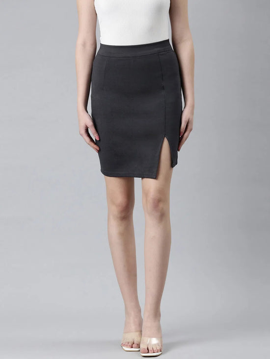 Women Grey Solid Pencil Skirt-AE-10611-Grey