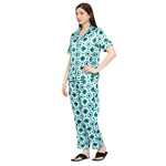 Smarty Pants Women's Silk Satin Green & White Color Geometric Printed Night Suit