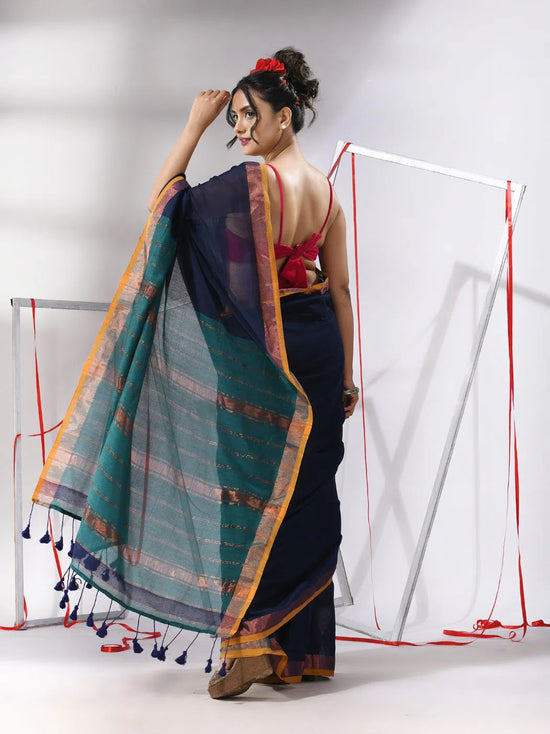 Navy Blue Cotton Saree With Stripes Zari Pallu-MA55CT06520101