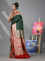 Green And Red Katan Silk Banarasi Patli Pallu Saree With Ethnic Motifs And Zari Woven Designs-MA52KA441380060