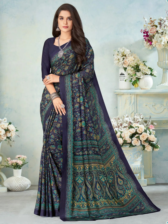 Saree Mall Women's Crepe Navy Blue Printed Designer Saree With Blouse Piece-VIVNTA15009B