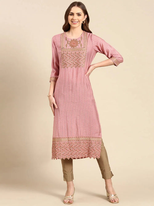 Women's Pink Embroidered Straight Kurta-GW-2990-Pink