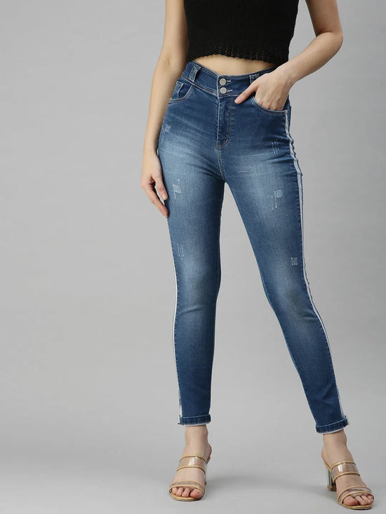 Women's Blue Solid Denim Slim Jeans-LT-22070B-Blue