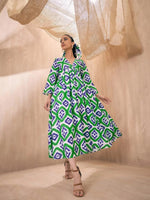 Women Green & Blue Ikat V-Neck Gathered Midi Dress