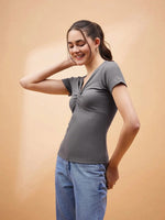 Women Grey Rib Twisted Neck Top