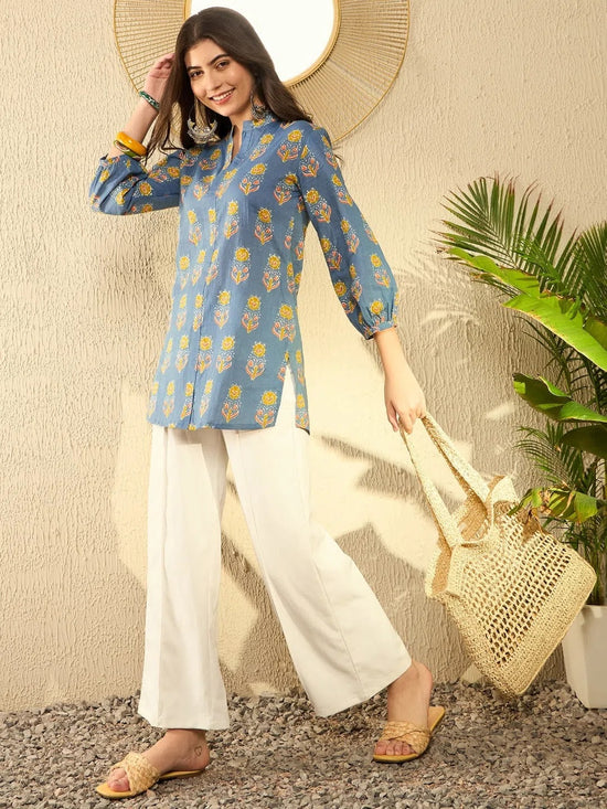 Ahika Women Blue Cotton Blend Floral Printed Regular Tunic-VT1300