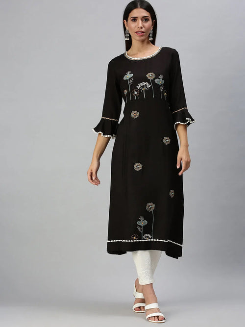 Women's Black Floral A-Line Kurta-DW9283-Black