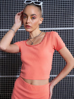 Women Peach Rib Round Neck Crop Top WithPencil Skirts