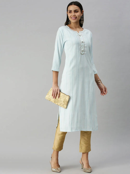 Women's Blue Striped Straight Kurta-HO-346-Blue