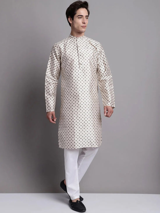 Men's Grey Printed Silk Blend Kurta Payjama-JOKP-P-686White