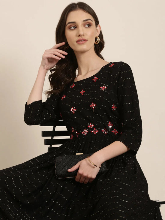 Women Black Embellished A-Line Kurta-SNG-7325-Black