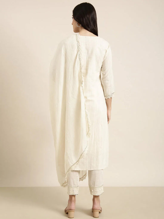 Women Straight Cream Solid Kurta and Trousers Set Comes With Dupatta-UB-2637-Cream