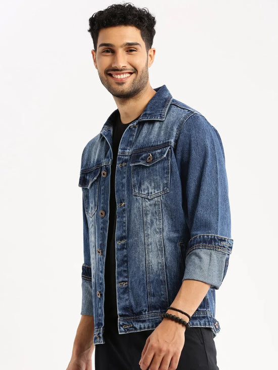 Men Blue Spread Collar Solid Denim Jacket-IB-DJ-04-6-Blue