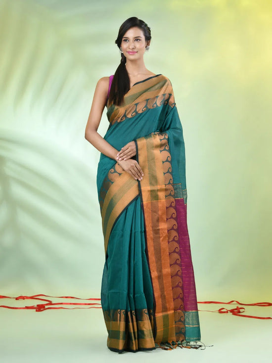 Green Cotton Saree With Zari Borders-MA66BCT43620061