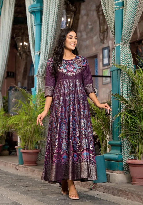 Plum Ethnic Motif Printed Santoon Dress With Thread & Zari Work-J4674PLUM