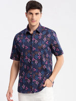 Men Spread Collar Floral Navy Blue Casual Shirt-REVERIE-2112-Navyblue