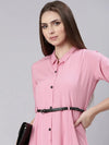 Women Pink Solid Shirt Dress-DF-1439-Pink