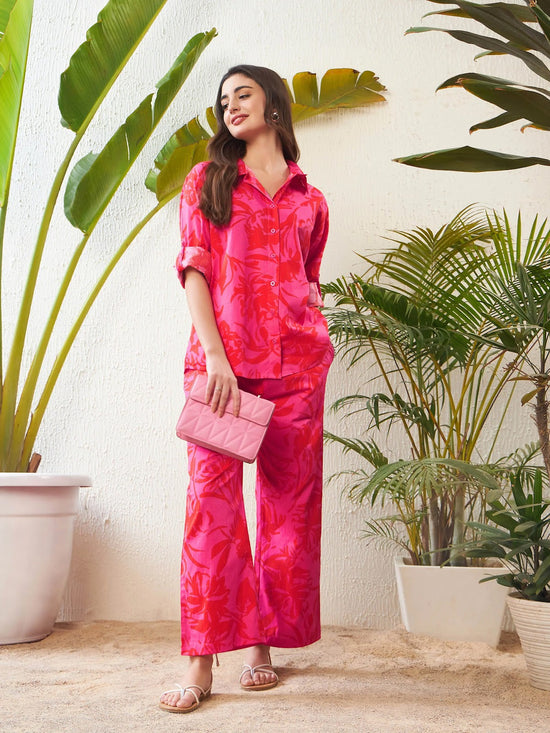 Women Magenta Floral Shirt With Lounge Pants