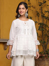 White Solid Peplum Lacy Keyhole Neckline Tunic With Lining