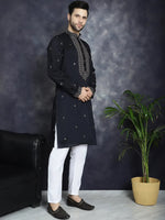 Men's Sequins Embroidered Kurta With Pyjama.-JOKP-P-5046Black