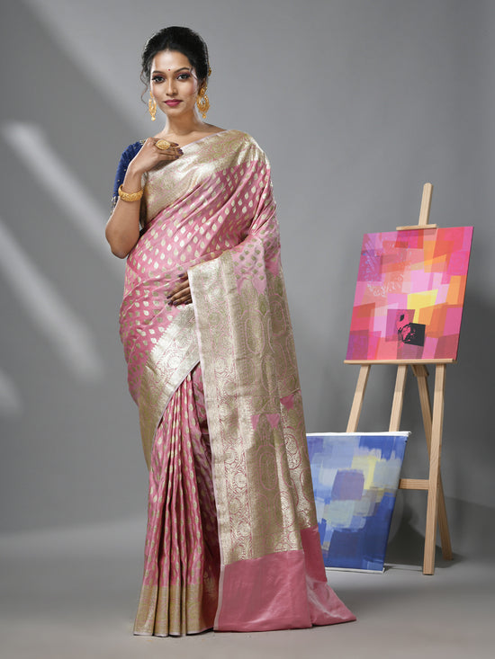 Rosewood Pink Katan Silk Banarasi Saree With Ethnic Motifs And Zari Woven Designs-MA52KA441380063