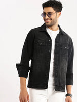 Men Charcoal Spread Collar Solid Denim Jacket-IB-DJ-02-Charcoal