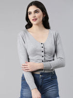 Women Grey Solid Front-Open Crop Sweater-TG-A-31-Grey