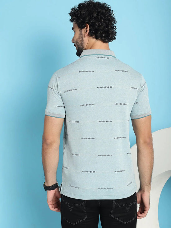 Venitian Men All Over Printed Aqua Green Premium Cotton Polo Neck T-shirt With Pocket