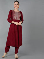 Ahika Women Maroon Silk Blend Yoke Design Kurta Set