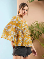 Women Yellow Floral Front Button Frill Peplum Top