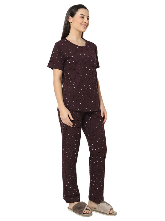 Smarty Pants Women's Cotton Lycra Wine Color Heart Print Night Suit