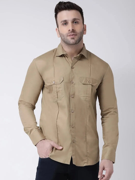 Hangup Men Slim Solid Shirts-KhakhiDoublePkt