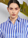 Women Blue & White Satin Striped Shirt