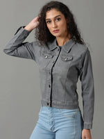 Women's Grey Solid Denim Jacket-AE-9501-Grey