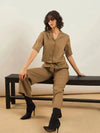 Women Khaki Notch Collar Shirt With Paperback Waist Pants